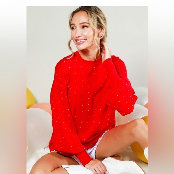 Red!! Red…Holidays..Red Sweater w/Small Rhinestones - Picture 1 of 3